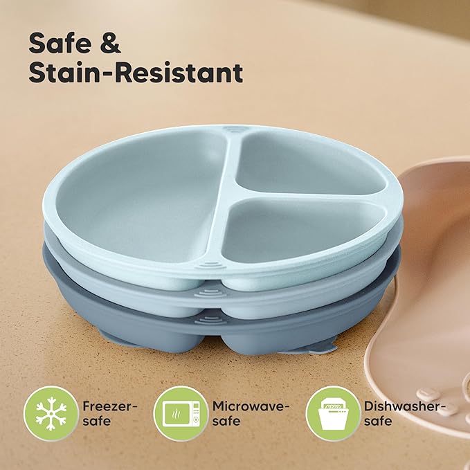 KeaBabies Suction Plates for Baby, Toddler - 3-Pack 100% Silicone Toddler Plates with Suction, Divided, BPA-Free Baby Led Weaning Essentials for Kids, Dishwasher, Microwave Safe, Durable (Alps)