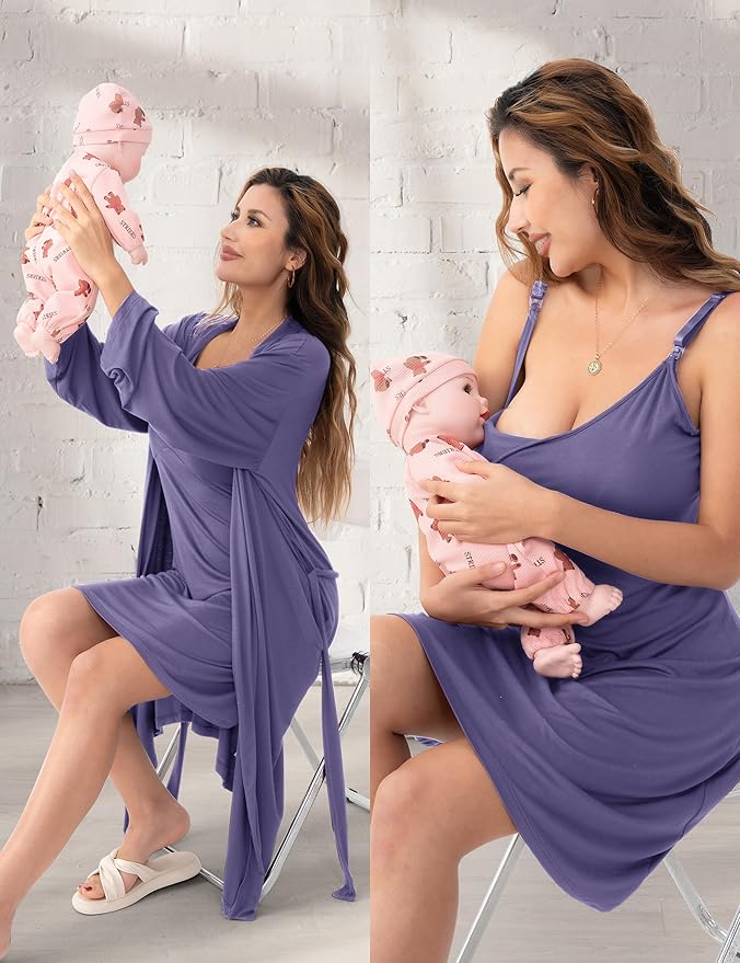 SUNNYBUY Women's Nursing Nightgown Maternity Robe Set, 3 in 1 Labor Delivery Breastfeeding Dress Postpartum Sleepwear
