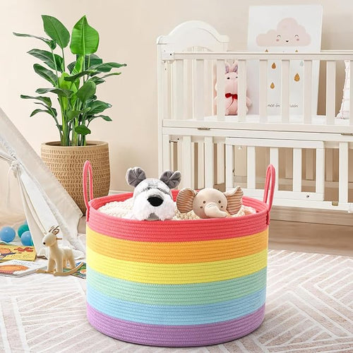 67L Rainbow Storage Basket for Organizing, 20"×13" Large Laundry Baskets, Cotton Rope Woven Blanket Basket, Toy Storage for Kids, Collapsible Blankets Storage for Living Room, Nursery Room