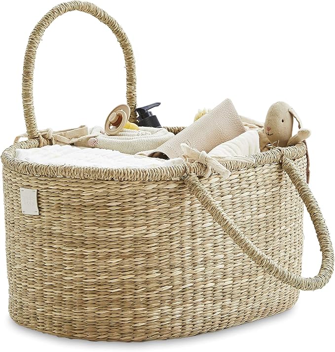 BEBE BASK Premium Baby Diaper Caddy Organizer - Artisan-Made Seagrass Basket With Cotton Divider - Award-Winning & Luxury Diaper Caddy Basket (ROSA)