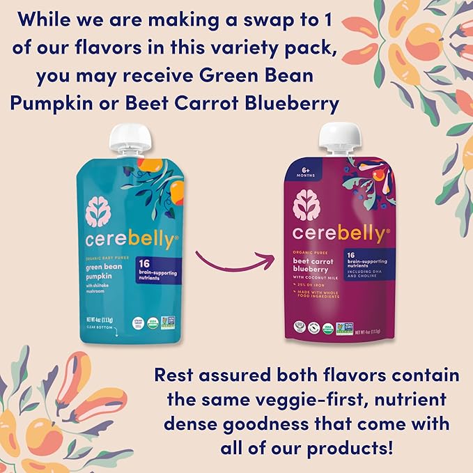 Cerebelly Organic Baby Food Pouches, Hearty Veggie Purees, 16 Nutrients, No Added Sugar, Non-GMO, Toddler Snacks, 4 Flavors, 4oz, 8 Pack