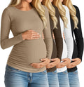 Huukeay 4 Pack Women's Maternity Shirts, Long Sleeve Cotton Ribbed Pregnancy Tops Side Ruched Crew Neck Casual Mama Clothes