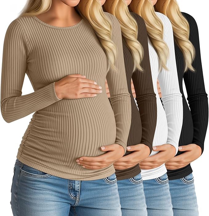 Huukeay 4 Pack Women's Maternity Shirts, Long Sleeve Cotton Ribbed Pregnancy Tops Side Ruched Crew Neck Casual Mama Clothes
