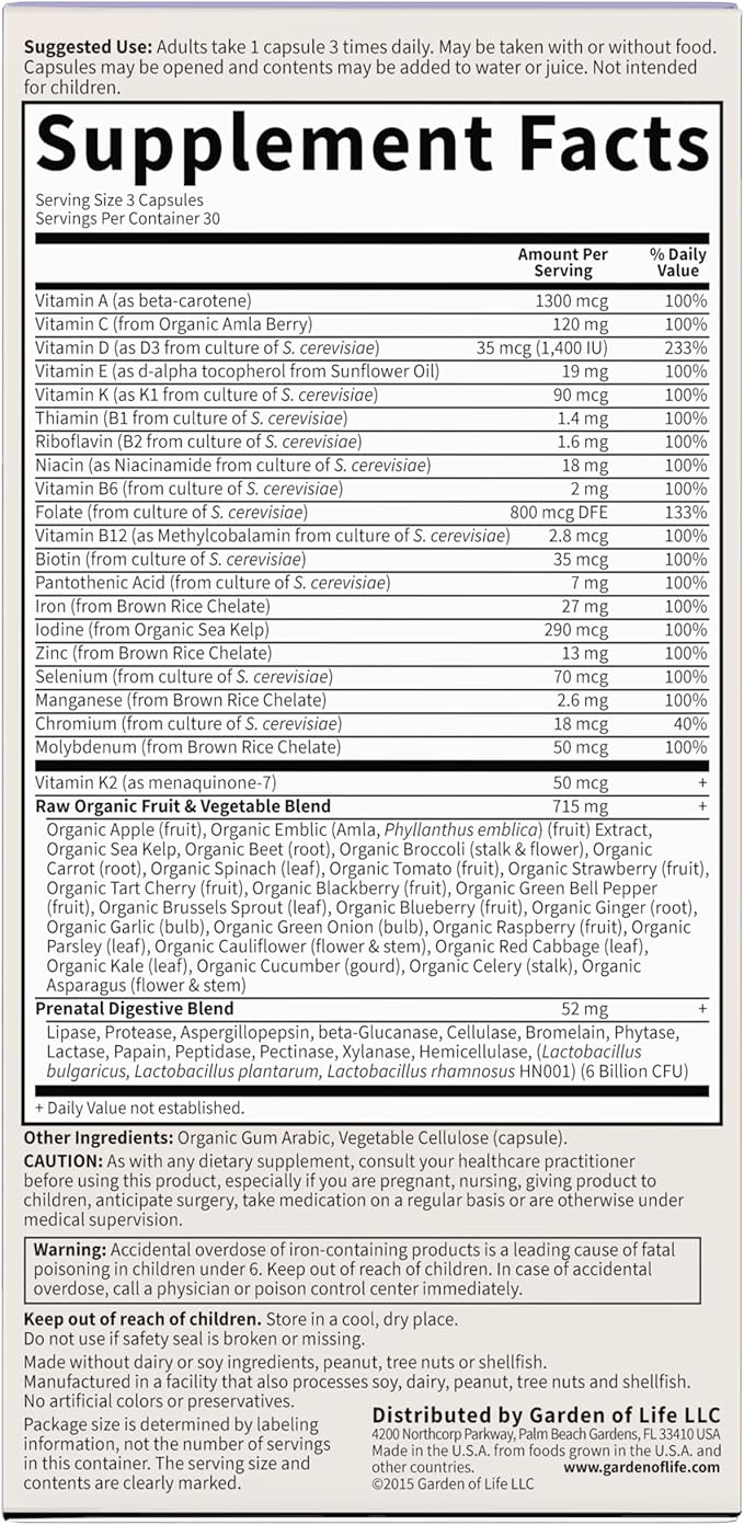 Garden of Life Prenatal Multivitamin for Women from Whole Foods with Biotin, Iron & Folate not Folic Acid, Probiotics for Immune Support - Vitamin Code Raw Pregnancy Must Haves - 90 Capsules