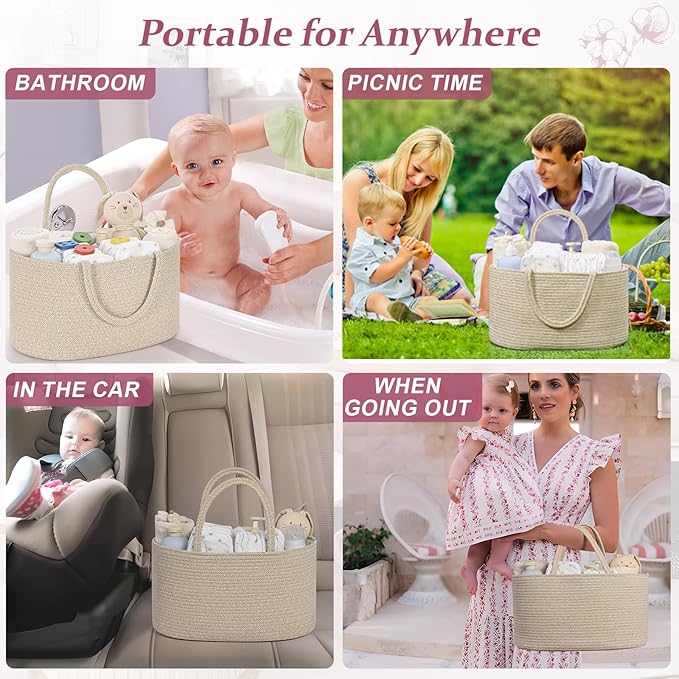 Baby Diaper Caddy Organizer, Cotton Rope Diaper Basket, Baby Basket for Changing Table, Nursery, Car, Changing Table Storage Bin With Removable Divider, Baby Shower Gifts for Newborn, Baby Essentials