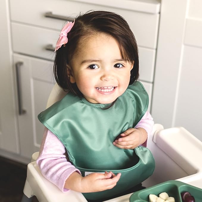Tiny Twinkle Mess Proof Baby Bibs for Eating – Waterproof, Wipeable Toddler Bibs with Pocket – Baby Food Bibs for Girls & Boys(3 Pack,Slate, Olive)