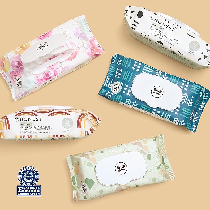 The Honest Company Clean Conscious Multi-Use Wipes Hypoallergenic and Unscented for Sensitive Baby Skin Over 99% Water Compostable Plant Based Baby Wipes Pattern Play 10 Count
