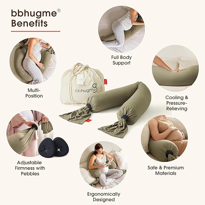 bbhugme Adjustable Pregnancy Pillow – Full Body Support for Side Sleeping - Adjustable Firmness and Shape - Supports Back, Legs, Belly, HIPS for Pregnant Women - Removable Cover - Dusty Olive