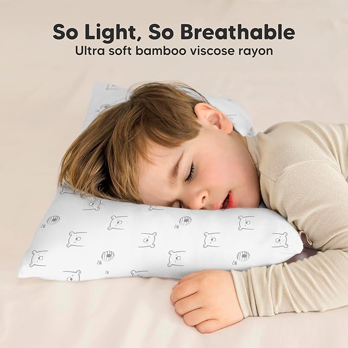 Toddler Pillow with Pillowcase - 13x18 My Little Cuddly Pillow, Viscose Derived From Bamboo Nursery Toddler Pillows for Sleeping,Kids Pillow,Small Travel Pillows, Mini Toddler Bed Pillow (Bumble Bear)