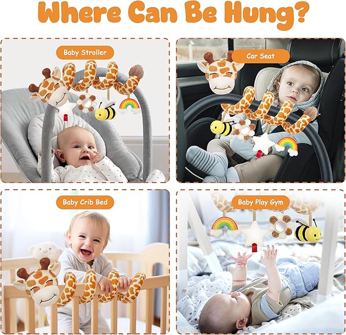 Stuffed Spiral Car Seat Baby Toys 0-6 Months, Infant Carseat Sensory Toys Hanging Stroller Accessories, Newborn Shower Gifts for Baby Boys Girls Essentials | Cute Colorful Giraffe