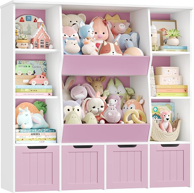 FINETONES Toy Organizers and Storage with 4 Movable Drawers, Large Toy Storage Organizer with 8 Open Storage Cubbies, Kids Bookshelf and Toy Storage with Hidden Wheels for Playroom, Kids Room,Pink