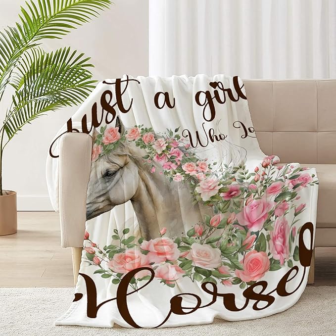 Just A Girl Who Loves Horses Throw Blanket for Women Men Flowers Animals Blanket Gifts for Adults Cute Horse Lightweight Blanket 60X80 Inches for Bed All Season
