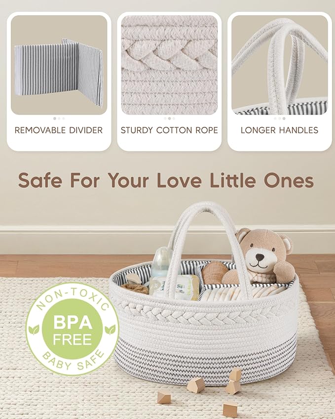 Maliton Baby Diaper Caddy Organizer, Cotton Rope Diaper Caddy Basket, Large Storage Basket for Newborn Boys and Girls, Gift for Baby Shower List, Newborn Essentials