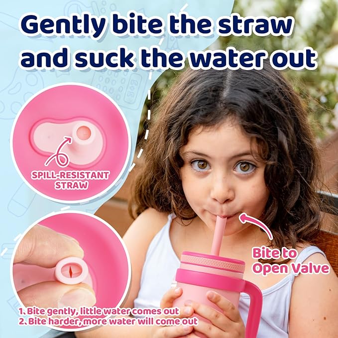 Tronco 14 oz Kids Insulated Tumbler with Handle & Spill Resistant Flexible Straw, BPA-Free Stainless Steel Toddler Cups with Lids, Splash-Proof Kid Drinking Cup Travel Mugs, Hand Wash Only