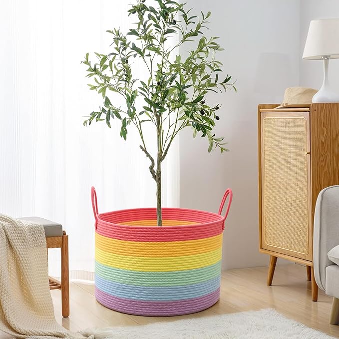 67L Rainbow Storage Basket for Organizing, 20"×13" Large Laundry Baskets, Cotton Rope Woven Blanket Basket, Toy Storage for Kids, Collapsible Blankets Storage for Living Room, Nursery Room