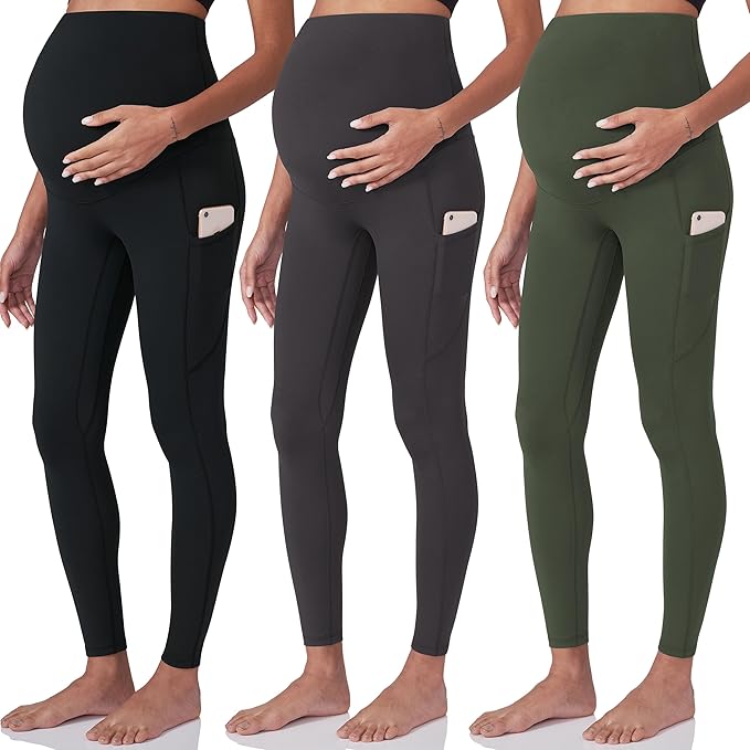 POSHDIVAH 3 Pack Women's Maternity Workout Leggings Over The Belly Pregnancy Yoga Pants with Pockets
