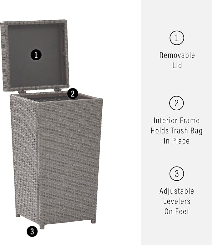 Crosley Furniture Palm Harbor Resin Wicker Outdoor Trash Can With Lid for Backyard, Patio, Deck, Balcony, Gray