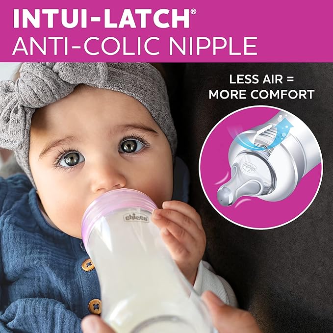 Chicco Duo Newborn Hybrid Baby Bottle Starter Gift Set with Invinci-Glass Inside and Plastic Outside | Dishwasher, Bottle Warmer, and Electric Sterilizer Safe | Intui-Latch Nipple | Clear/Pink