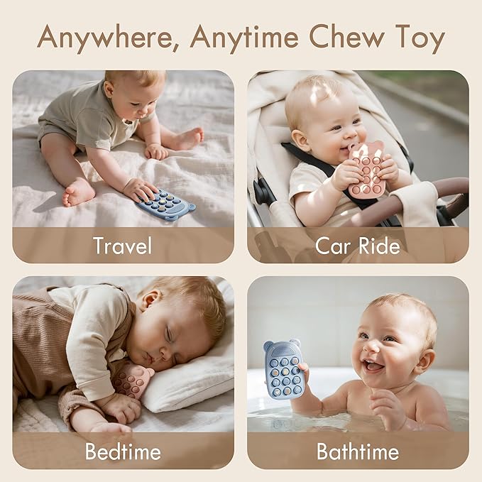 Moonkie Silicone Press Phone Teething Toy for Baby 3 Months+ | Soft BPA-Free Teether with Icon & Number Pop Bubbles | Ideal Gift for Baby Girls