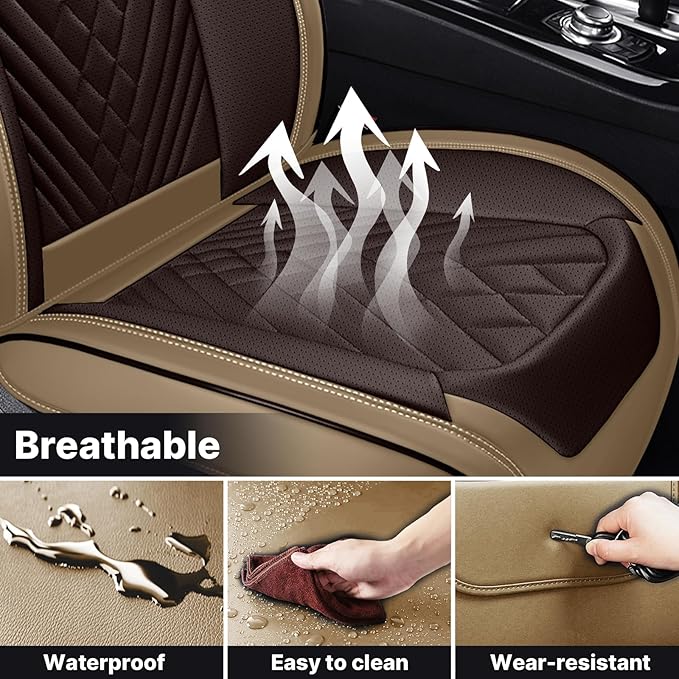 Car Seat Cover Full Set, Seat Cover for Cars, Car Seat Cover Car Seat Protector Waterproof Leather Car Seat Cushion Full Coverage Seat Cover Front and Back Seat Fit for Most Cars(5 Seat,Brown&Beige)
