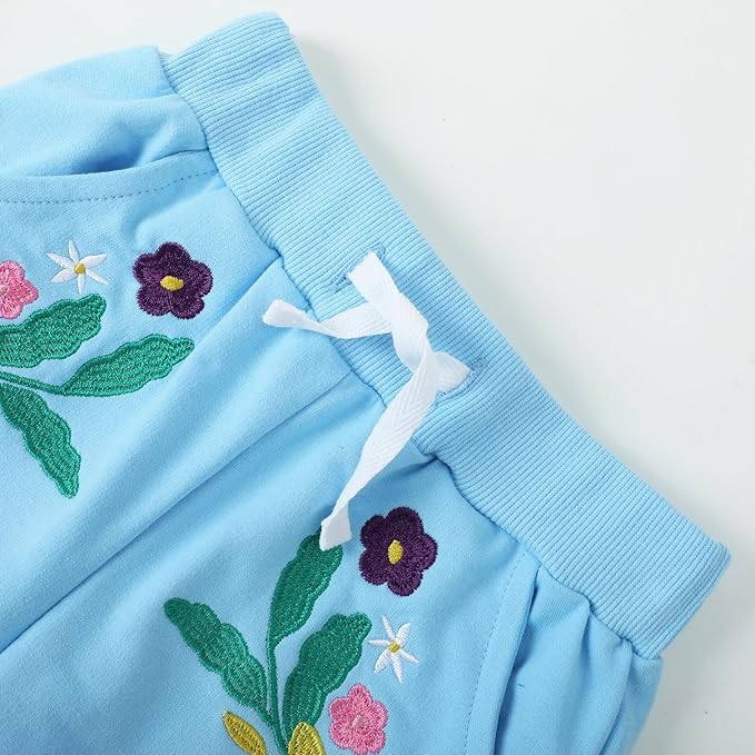HILEELANG Girls Cotton Joggers Sweatpants Embroidery Drawstring Waist Pockets Casual Pants for Kids 12M-7Y