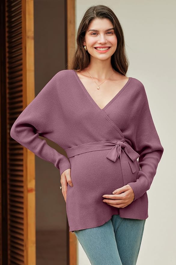 OUGES Womens Soft Cotton Blend Maternity Sweater Wrap V Neck Long Sleeve V Back Fall Shirts Pregnancy Outfits with Belt