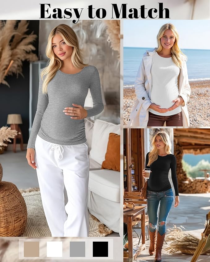 Huukeay 4 Pack Women's Maternity Shirts, Long Sleeve Cotton Ribbed Pregnancy Tops Side Ruched Crew Neck Casual Mama Clothes