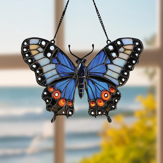 Blue Butterfly Acrylic Suncatcher Stained Glass Effect Window Car Hanging Christmas Ornament Indoor Outdoor Decor Garden Sun Catcher Panel Gift for Butterfly Lover for Women Mom Grandma