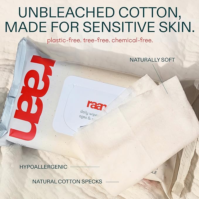 Raan, 100% Cotton Baby & Toddler Wipes, Unbleached, 99% Purified Water, Unscented, EWG verified, Made for Sensitive Skin, Extra Soft and Durable, 8 pack, 480 Count