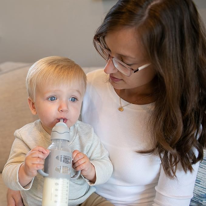 Dr. Brown's Milestones Narrow Sippy Straw Bottle, Spill-Proof with 100% Silicone Handles and Weighted Straw, 8 oz/250 mL, Gray & Pink, 6m+