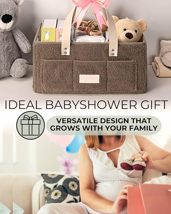 Baby Diaper Caddy Organizer with Portable Changing Mat - Teddy Fleece Diaper Organizer for Changing Table - Basket for Changing Essentials - Baby Essentials Organizer with Removable Dividers