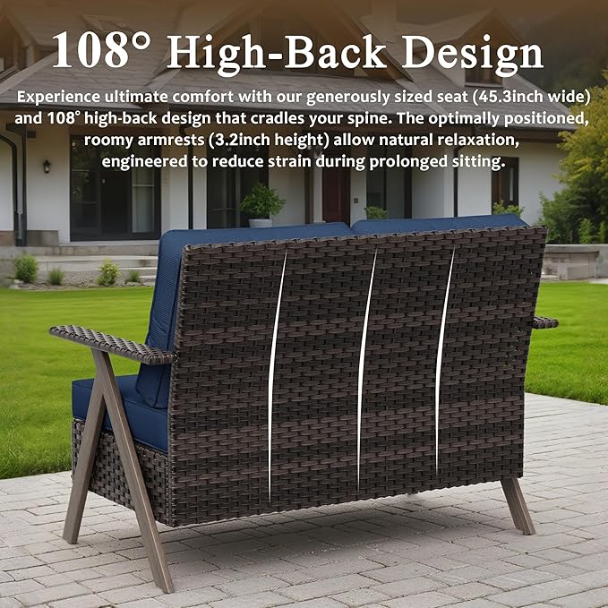 Patio Outdoor Wicker Loveseat, 2-Seat Sofa with Soft Cushion, All-Weather Outdoor Couch Patio Furniture for Balcony, Poolside, Backyard, Porch