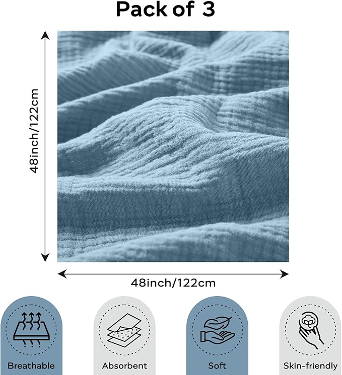 JELLYMONI Muslin Swaddle Blankets for Unisex, 3 Pack Newborn Receiving Blanket, Large 47 x 47 inches Soft Breathable Muslin Baby Blanket for Newborn Boys & Girl