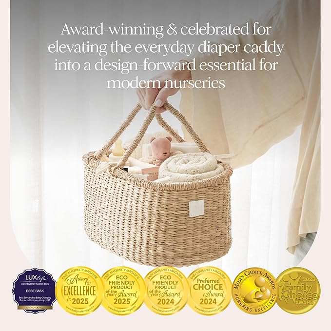 BEBE BASK Premium Baby Diaper Caddy Organizer - Artisan-Made Seagrass Basket With Cotton Divider - Award-Winning & Luxury Diaper Caddy Basket (ROSA)
