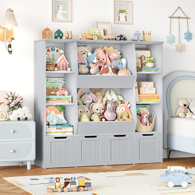 FINETONES Toy Organizers and Storage with 4 Movable Drawers, Large Toy Storage Organizer with 8 Open Storage Cubbies, Kids Bookshelf and Toy Storage with Hidden Wheels for Playroom, Kids Room,Grey