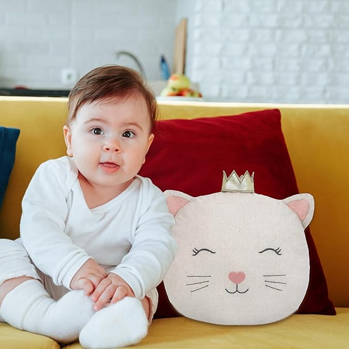 MON AMI Linen Kitty Accent Décor Pillow - 12”x 11”, Plush Cat Cuddle Cushion,Decorative Throw Pillow for Child’s Nursery,Bed or Couch, Cute Room Décor