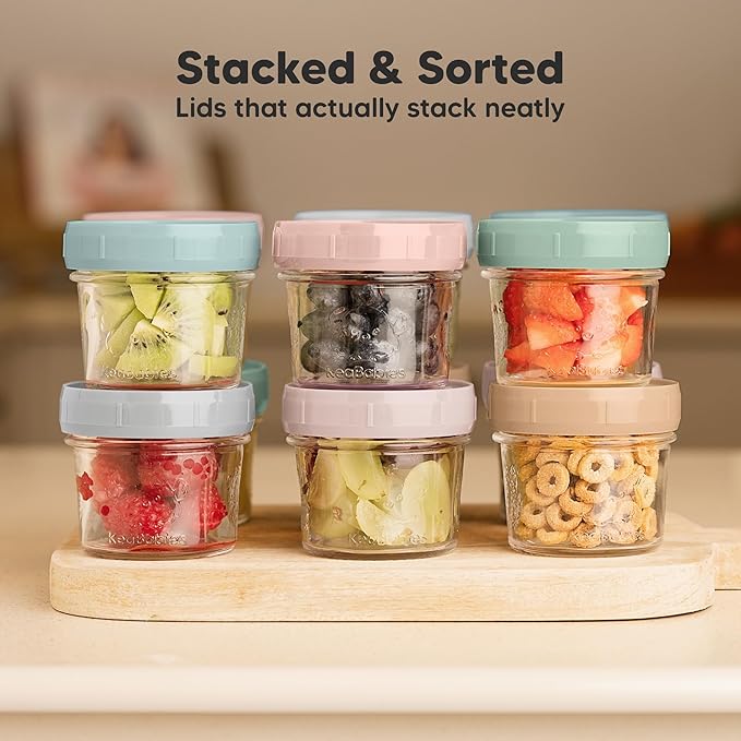 KeaBabies 12pk 4oz Glass Baby Food Containers with Lids - Leak-Proof, Microwavable Small Glass Jars, Baby Purees & Toddler Snack Storage Containers, BPA-Free, Dishwasher & Freezer Safe (Musk Dusk)