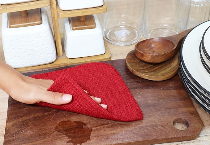 PurpleEssences Dish Cloths and Dish Rags - 8 Pack Waffle Weave Solid Kitchen Dish Wash Cloths, 100% Cotton, 12 x 12 Inches, Ultra Soft Absorbent Quick Drying Fall Thanksgiving - Red