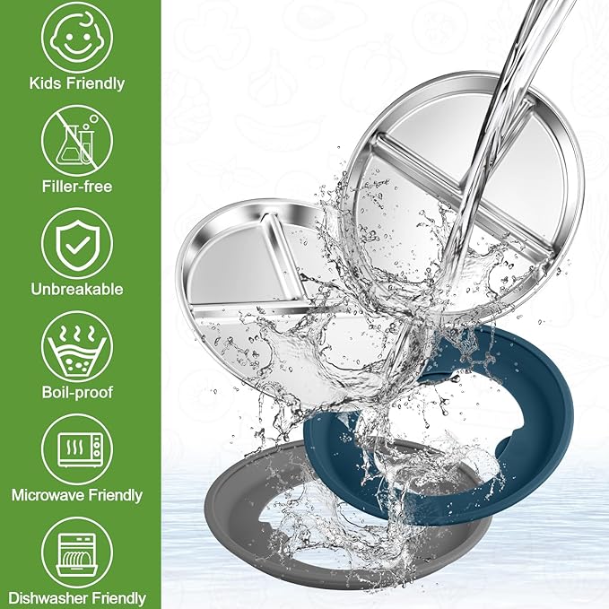 BUSOHA 2 Pack Stainless Steel Kids Plate with Suction - 9” Divided Toddler Baby Plates with Silicone Sleeves 2-in-1 Anti Breakage Metal Toddler Bowls Microwave Dishwasher Safe