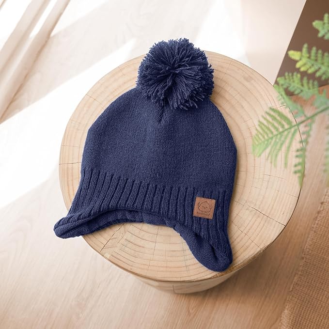 Baby Beanies, Baby Hats for Boys, Girls - Cute Toddler Winter Hat, Soft & Stretchy Beanies for Infant, Newborn 6-36 months, Cozy & Warm with Earflap Muff & Pom (Cobalt)