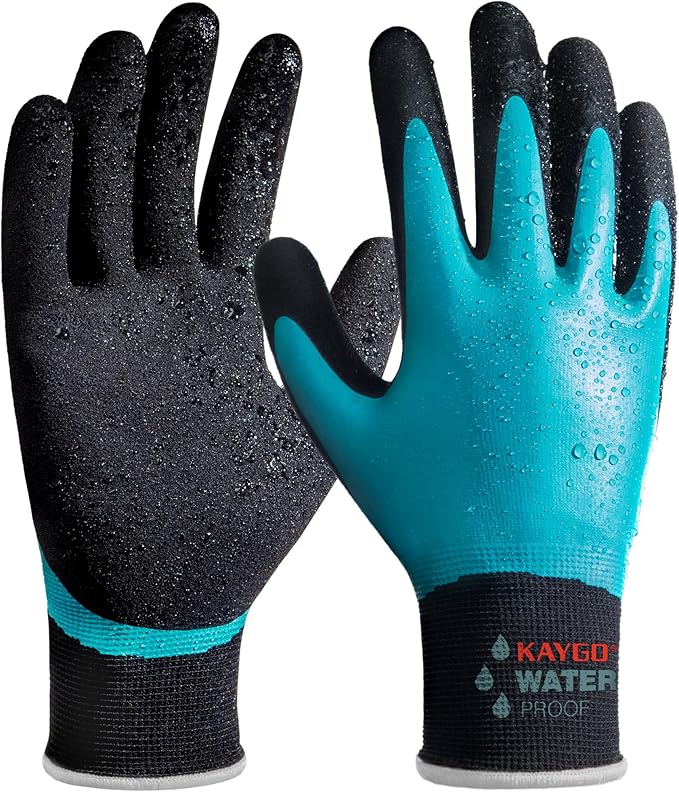 KAYGO Waterproof Work Gloves for Men and Women, Rubber Coated Non-slip Working Gloves for Garden, Outdoor Construction,KG150,Blue,XL