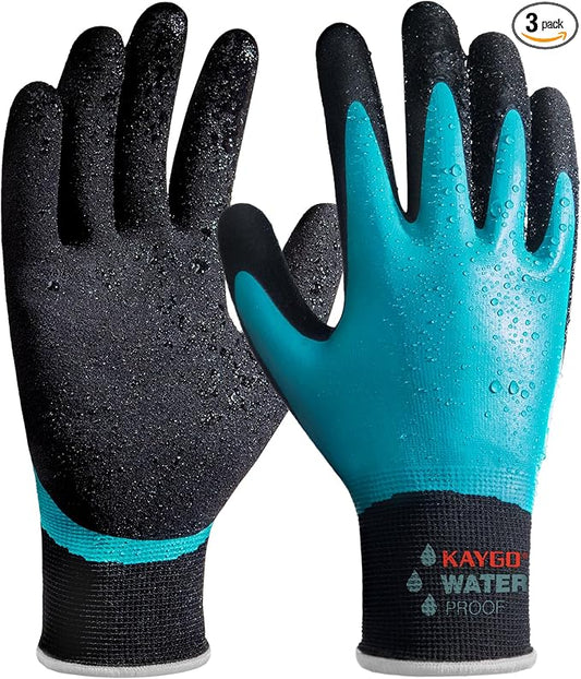 KAYGO Waterproof Work Gloves for Men and Women, Rubber Coated Non-slip Working Gloves for Garden, Outdoor Construction,3 pairs,Blue,XL