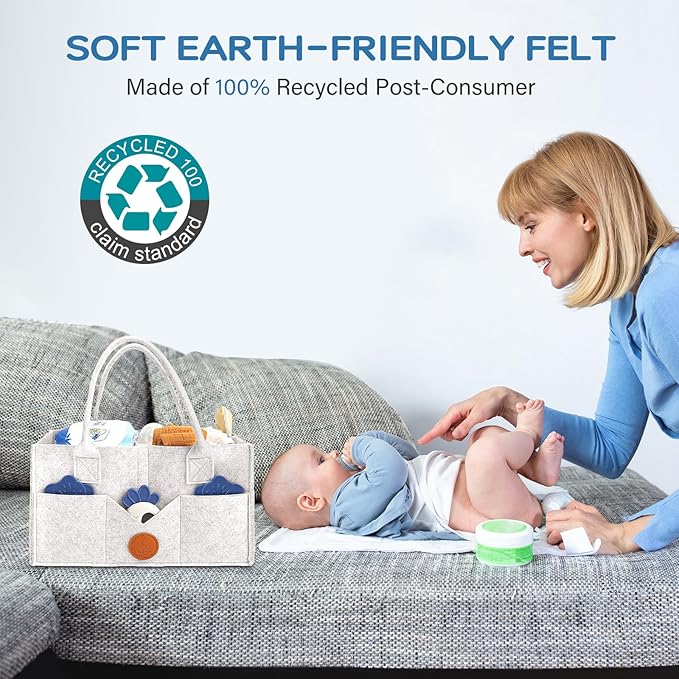 Maliton Baby Diaper Caddy, Nursery Storage Bin & Car Organizer with Handle, Large Felt Bag for Newborn essentials Boy or Girl, Changing Table Organizer for Baby Stuff, 15" x 9" x 7" Baby Shower Basket