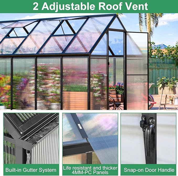 CDCASA 10.3x6.2 FT Greenhouse for Outdoors, Easy Assembly Thicker Aluminum Heavy Duty Polycarbonate Greenhouses Kit w/2 Vent Window, Swing Door, Walk-in Green House for Sunroom Patio,Backyard