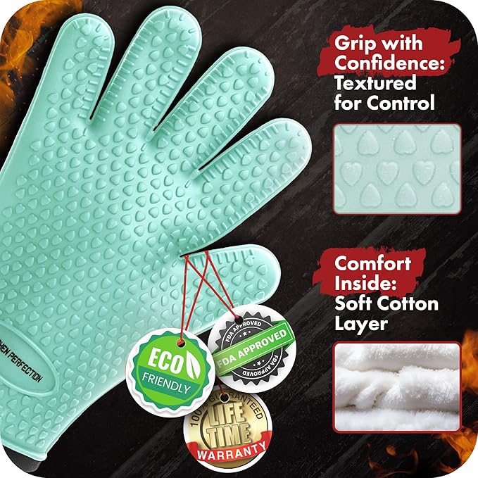 KITCHEN PERFECTION XL Silicone Smoker Oven Gloves-Extreme Heat Resistant BBQ Gloves-Handle Hot Food Right on Your Grill Fryer&Pit|Waterproof Grilling Cooking Baking Mitts|Superior Value Set+3 Bonuses
