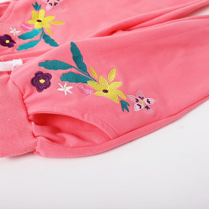 HILEELANG Girls Cotton Joggers Sweatpants Embroidery Drawstring Waist Pockets Casual Pants for Kids 12M-7Y