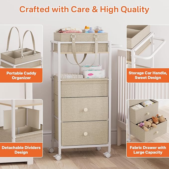Baby Diaper Caddy Organizer Cart with Drawers - 3In1 Rolling Storage Cart with Wheels, Removable Diaper Caddy, Detachable Dividers - for Crib, Bedroom, Art & Craft Organizer (Off White)