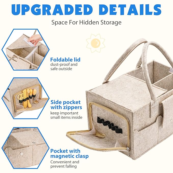 Maliton Baby Diaper Caddy Organizer with Handles, Felt Caddy for Changing Table, Newborn Essentials Bin with Lid