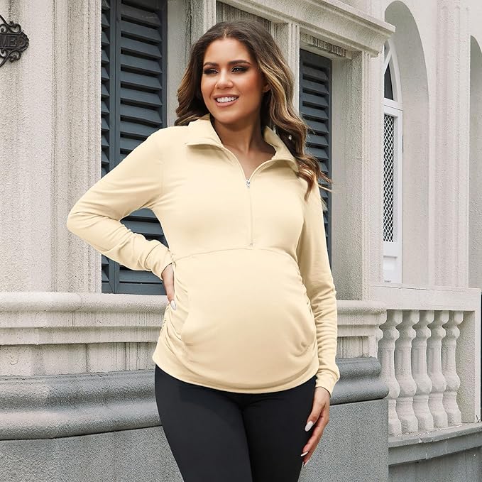 GINKANA Maternity Women's Long Sleeve Shirt Half Zipper Lapel Lightweight Casual Maternity Pullover with Pockets