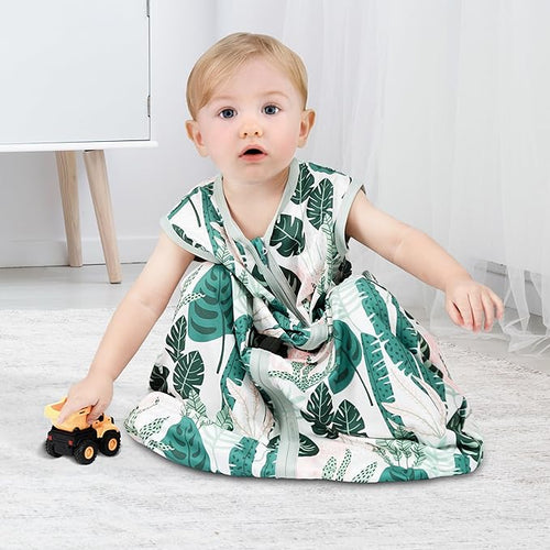 3 Pack Baby Sleep Sack 6-12 Months 100% Rayon Cotton Baby Sleeping Bag 2-Way Zipper Toddler Wearable Blankets Comfy Stretchy TOG 0.3 Lightweight（Banana&leaf&green）